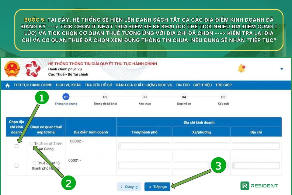 Bước 5: Chọn địa điểm cho thuê và cơ quan thuế quản lý