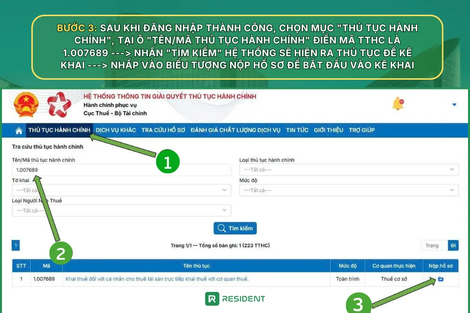 Bước 3: Tìm và chọn thủ tục kê khai