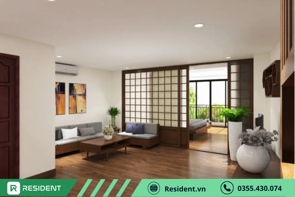 Thiết kế nội thất chung cư mini kiểu Nhật với cửa trượt tách biệt phòng khách và phòng ngủ
