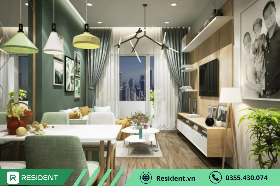 Thiết kế nội thất phòng khách chung cư mini 40m2 với màu xanh chủ đạo
