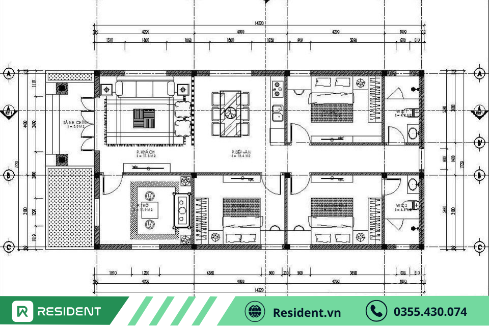 Bản vẽ nhà cấp 4 3 phòng ngủ gồm phòng khách, phòng thờ, bếp, 3 phòng ngủ và 2 WC