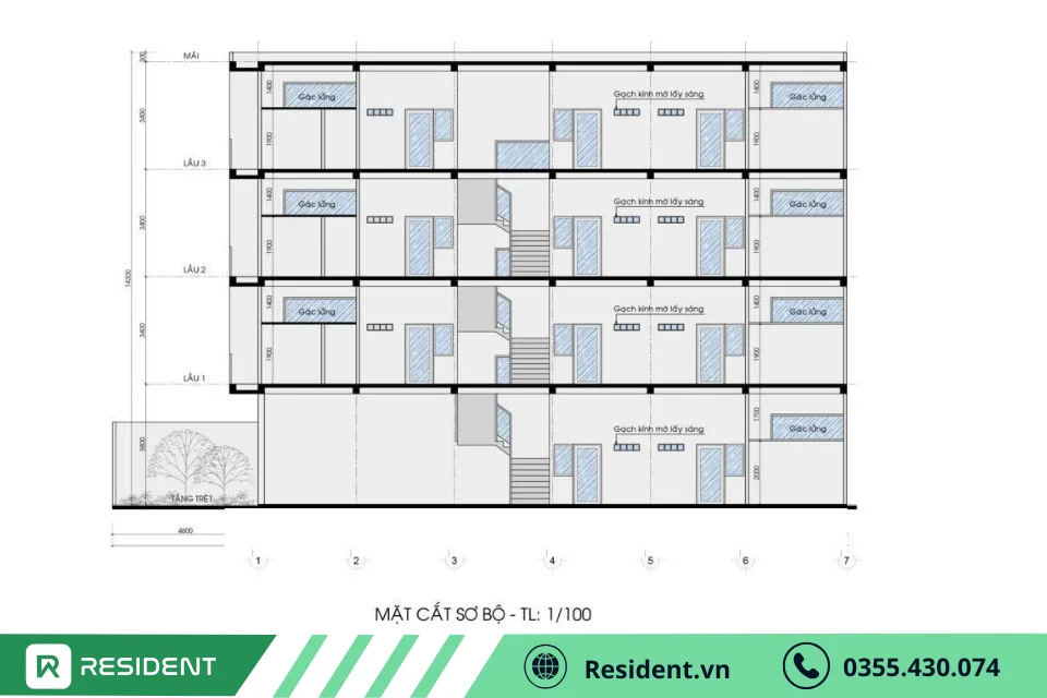 Bản vẽ thiết kế nhà trọ 3 tầng hiện đại