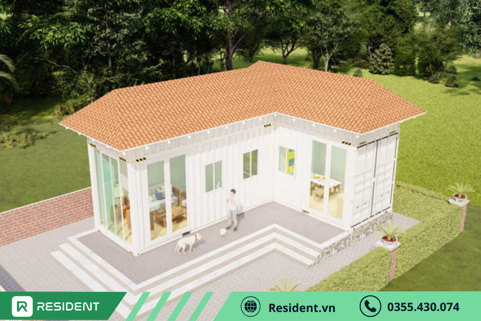 Mẫu nhà container hình chữ L kết hợp với mái ngói
