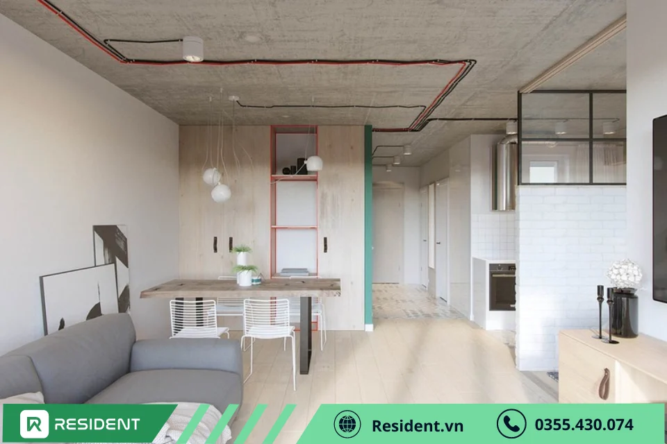 Thiết kế phòng trọ 25m2 với phòng khách hiện đại, tiện nghi