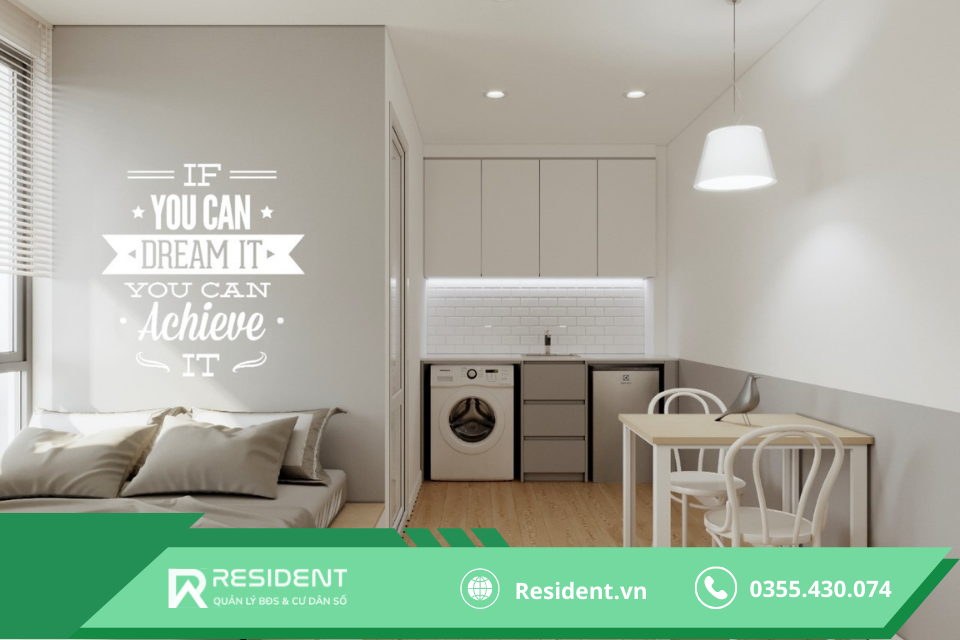 Thiết kế phòng trọ 12m2 sử dụng màu trắng cho phòng trọ nhỏ trở nên rộng rãi hơn