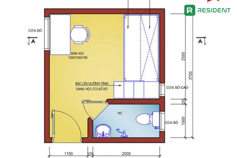 Bản vẽ thiết kế phòng trọ 12m2 có gác