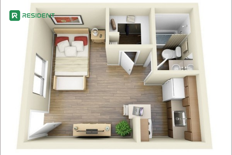 Bản vẽ 3D chi tiết thiết kế phòng trọ 12m2 không có gác