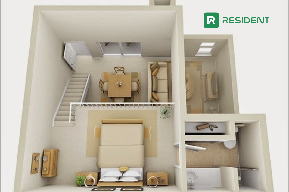 Bản vẽ 3D chi tiết phòng trọ có gác