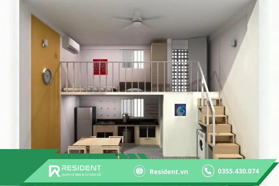Gác lửng tăng diện tích sử dụng nhất là làm không gian nghỉ ngơi, bên dưới còn thông thoáng để dành cho các không gian khác.