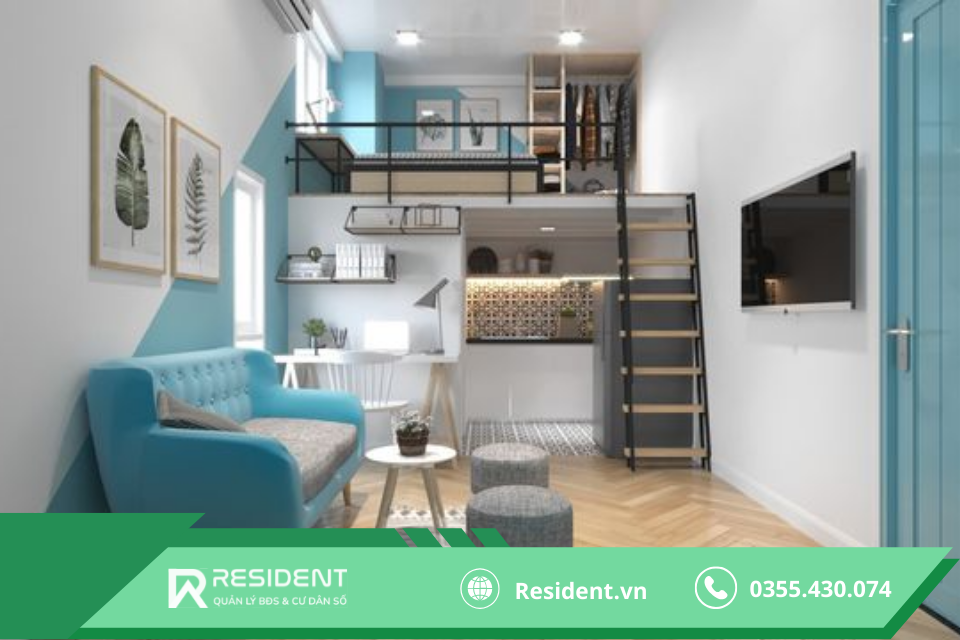 Thiết kế phòng trọ 30m2 sử dụng gam màu xanh trung tính