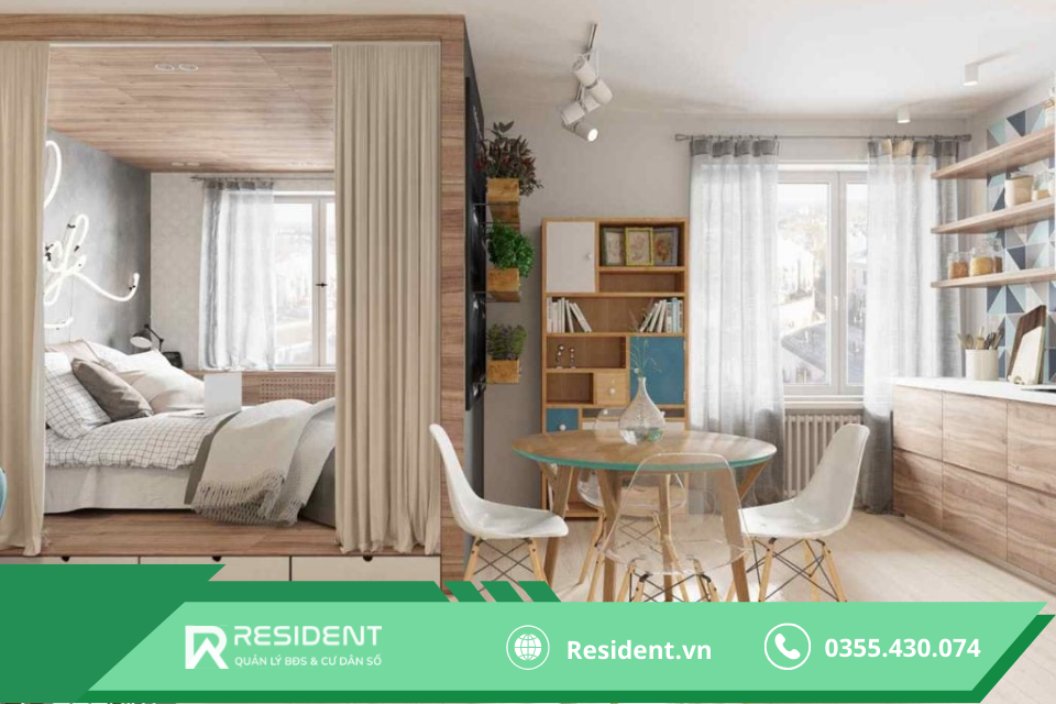 Phòng ngủ được trang trí rèm tạo nên không gian riêng tư