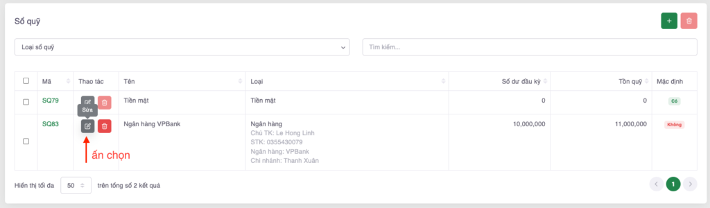 Màn hình sửa sổ quỹ