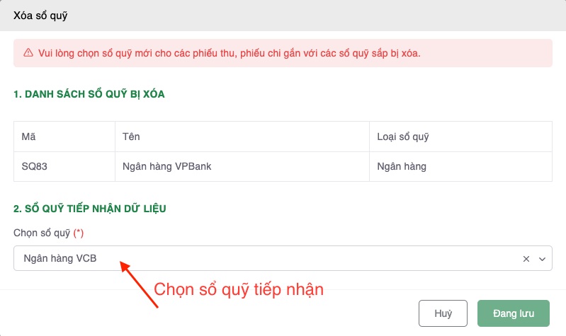 Chọn sổ tiếp nhận dữ liệu
