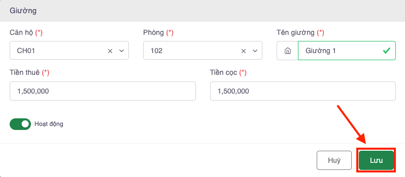 Ấn lưu để hoàn thành thao tác khởi tạo dữ liệu Giường