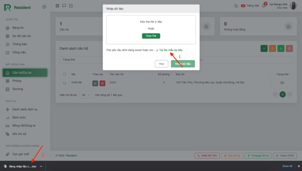 Tải file excel mẫu và tiến hành nhập liệu