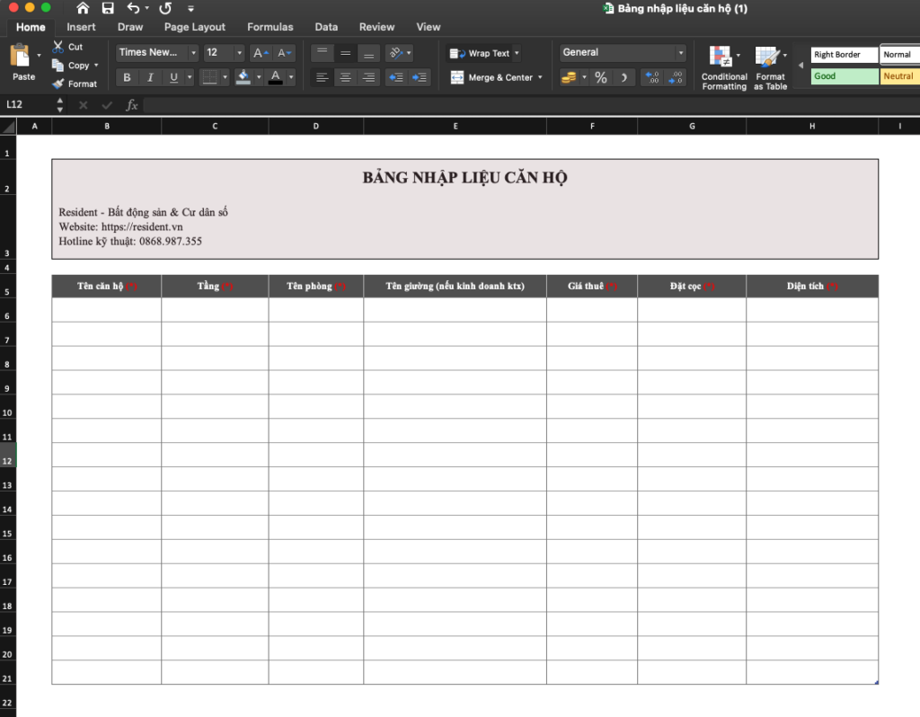 Màn hình file excel mẫu nhập liệu