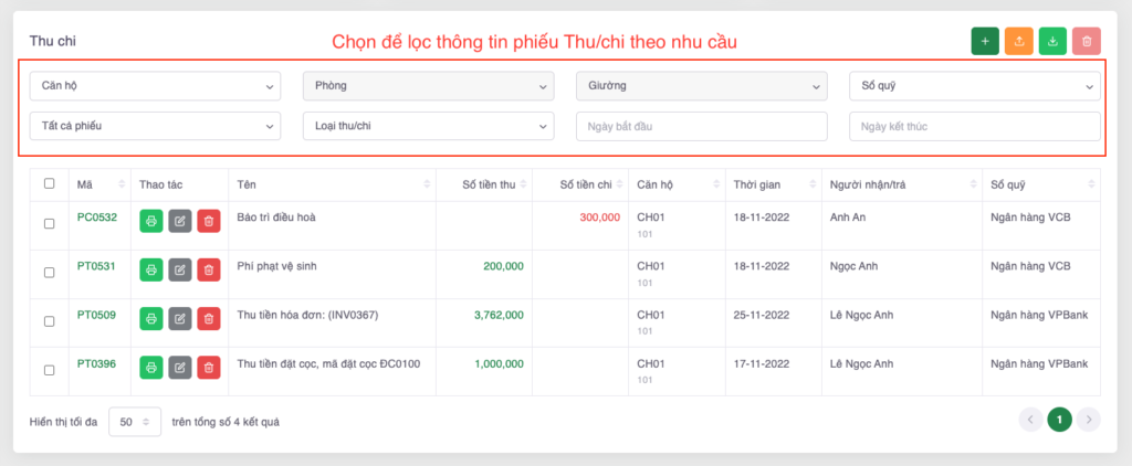 Màn hình lọc phiếu thu chi