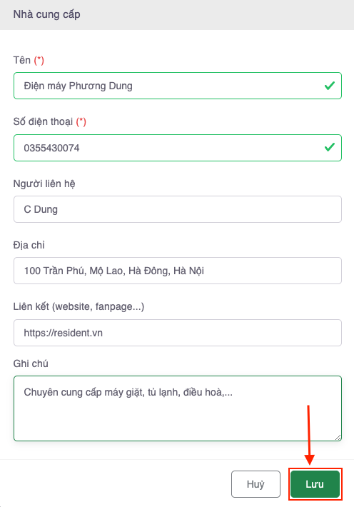 Điền các thông tin chi tiết để thêm nhà cung cấp