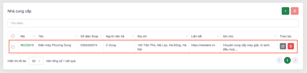 Màn hình thêm Nhà cung cấp thành công