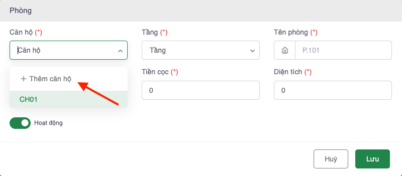Chọn căn hộ có sẵn hoặc thêm căn hộ mới để khởi tạo dữ liệu phòng
