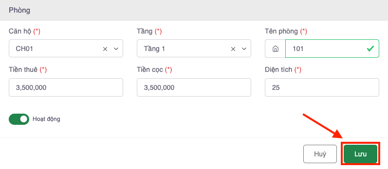 Ấn lưu để hoàn thành thao tác khởi tạo dữ liệu phòng