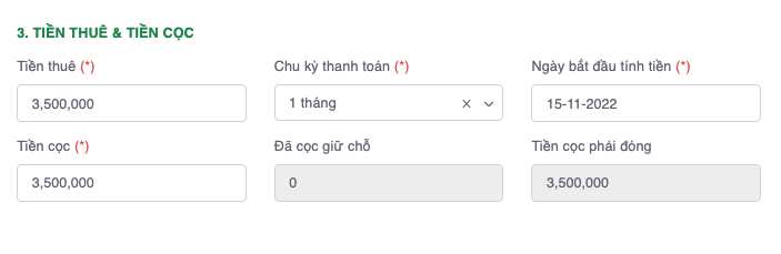 Điền các thông tin tại mục Tiền thuê & tiền cọc trong màn Lập Hợp đồng khách thuê