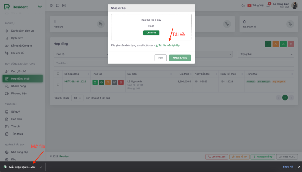 Màn hình tải file excel mẫu nhập liệu hợp đồng khách thuê