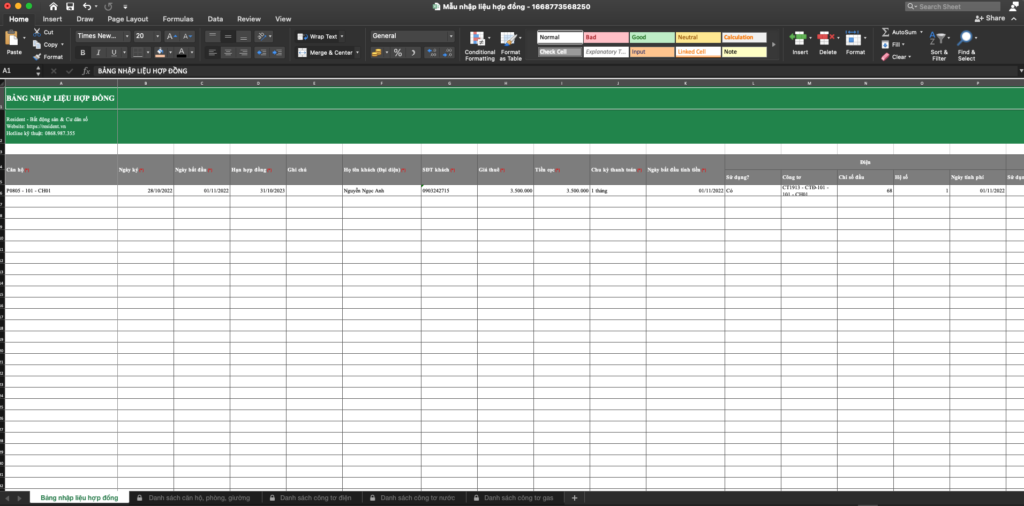 Màn hình file excel nhập thông tin hợp đồng khách thuê