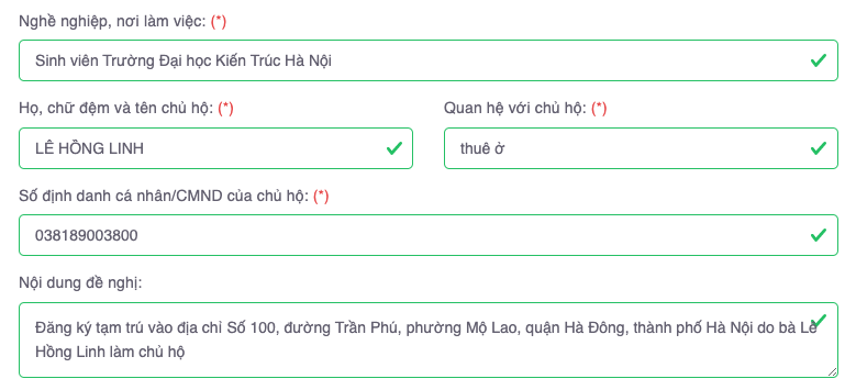 Màn hình mẫu tờ khai thay đổi thông tin cư trú