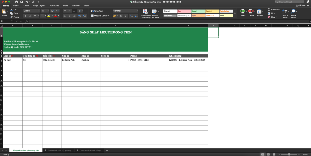Màn hình file excel mẫu thêm thông tin phương tiện phần mềm Resident