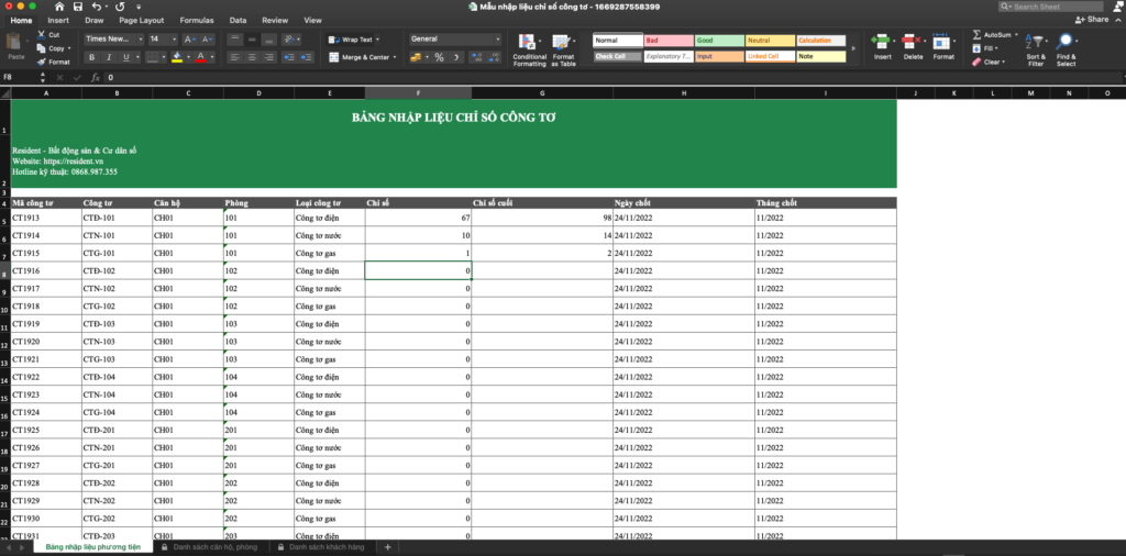 File excel mẫu ghi chỉ số điện nước để nhập dữ liệu hàng loạt