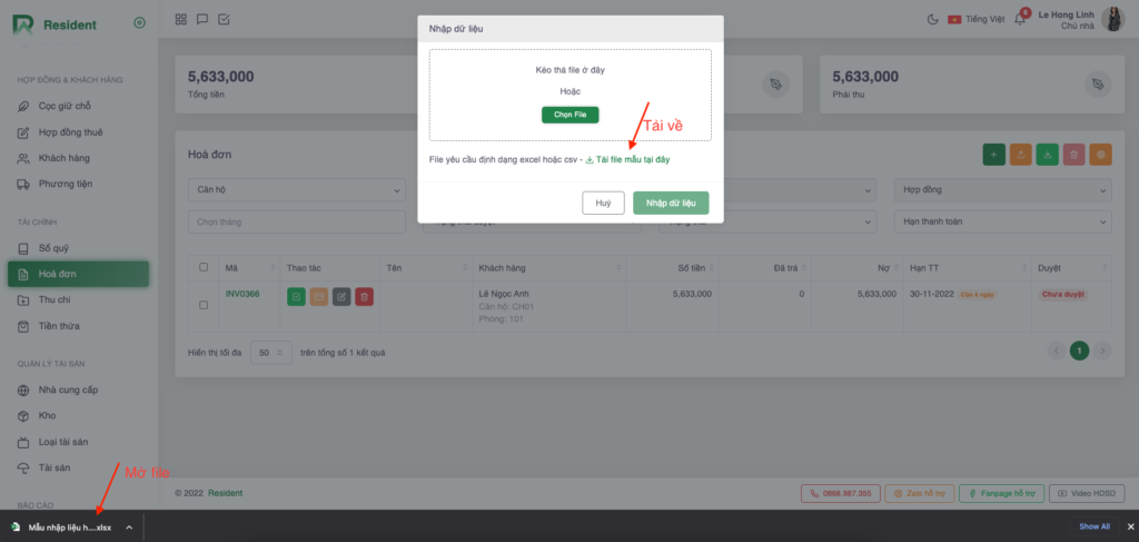 Màn hình tải file excel mẫu nhập dữ liệu lập hóa đơn