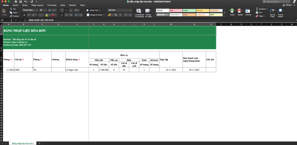 Màn hình mẫu file excel nhập dữ liệu lập hóa đơn