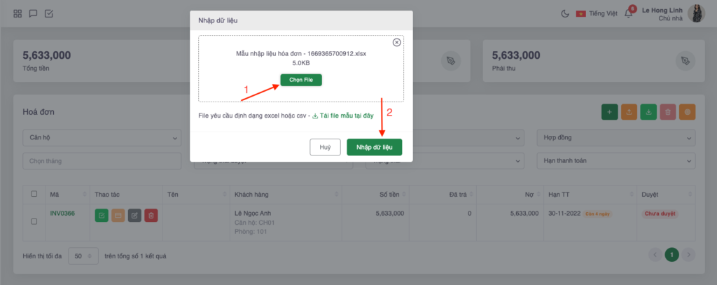 Tải file excel mẫu lên phần mềm để nhập dữ liệu hàng loạt 