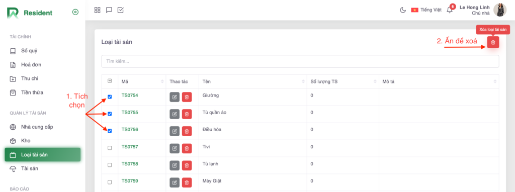 Tích chọn xóa hàng loạt Loại tài sản