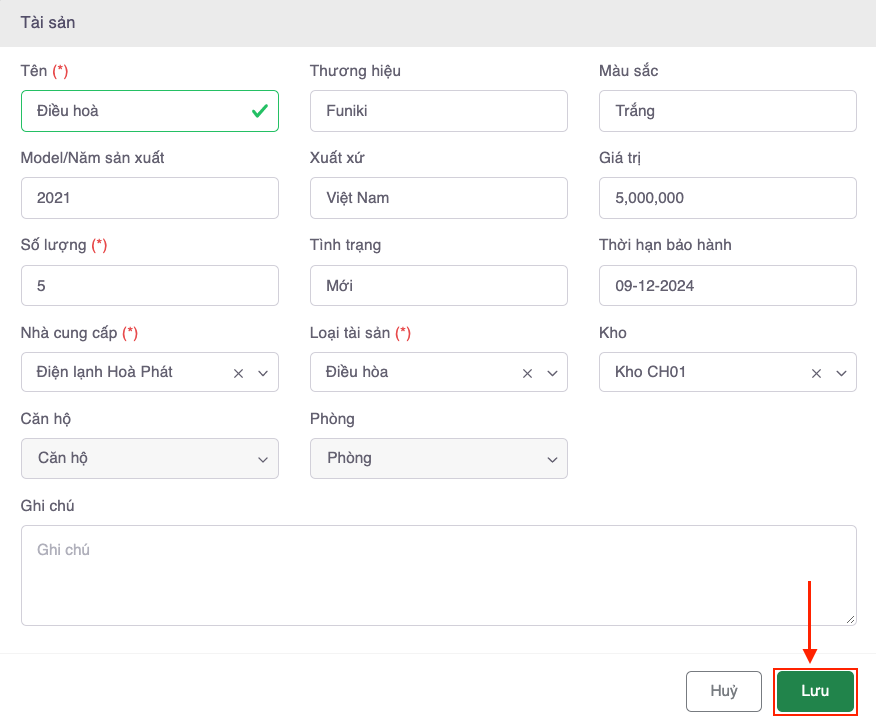 Điền các thông tin chi tiết để thêm Tài sản 