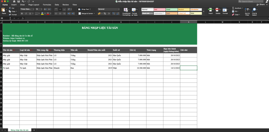 Điền thông tin chi tiết các tài sản của căn hộ vào file excel để đẩy lên hệ thống