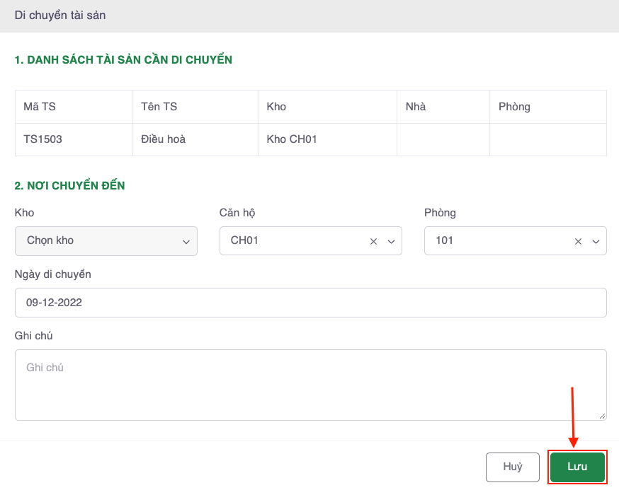 Điền thông tin chi tiết tại màn Di chuyển tài sản để chuyển đến kho/tòa nhà/phòng 