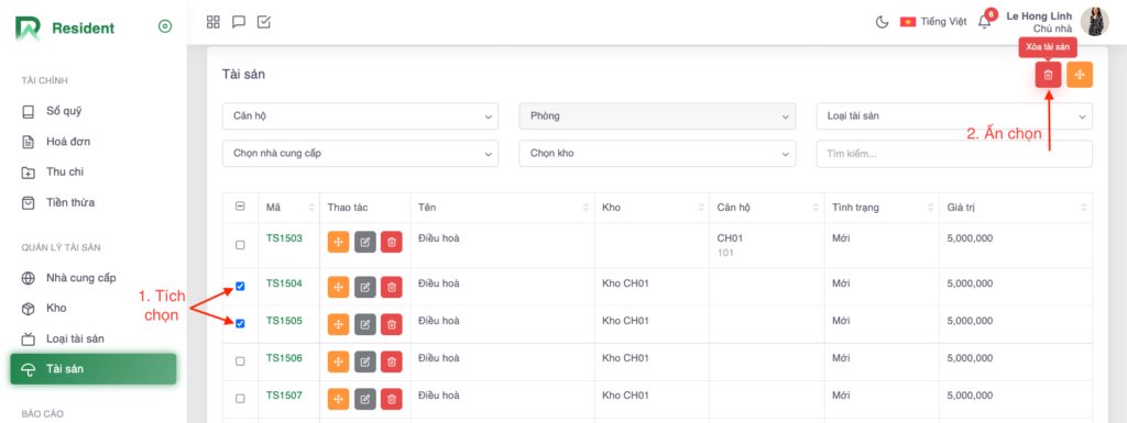 Tích chọn để xóa tài sản hàng loạt