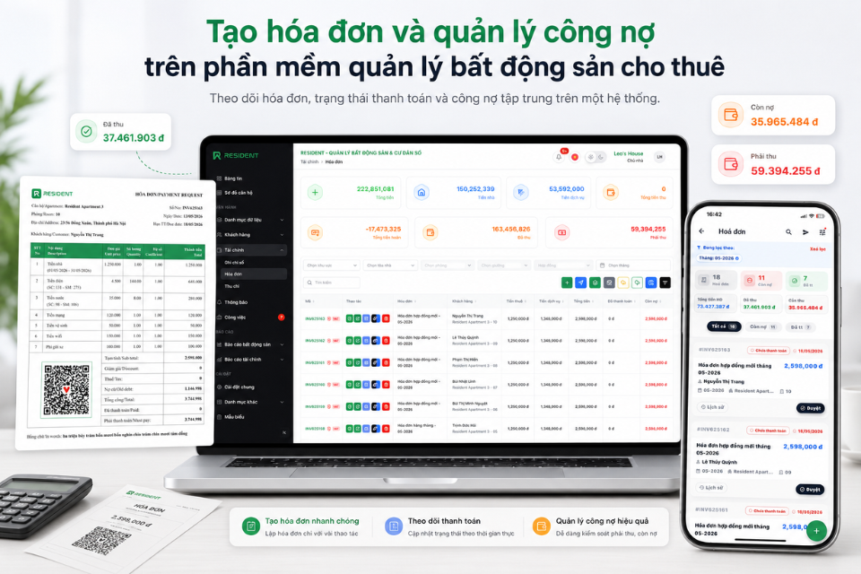 Tạo hóa đơn và quản lý công nợ trên phần mềm quản lý bất động sản cho thuê