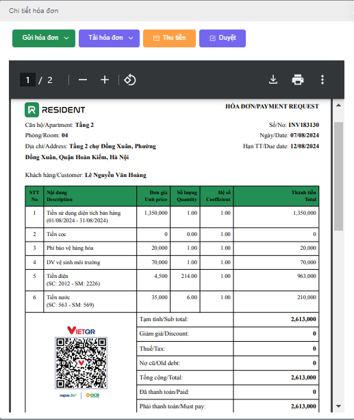 Mẫu phiếu thu tiền phòng trọ trên phần mềm Resident