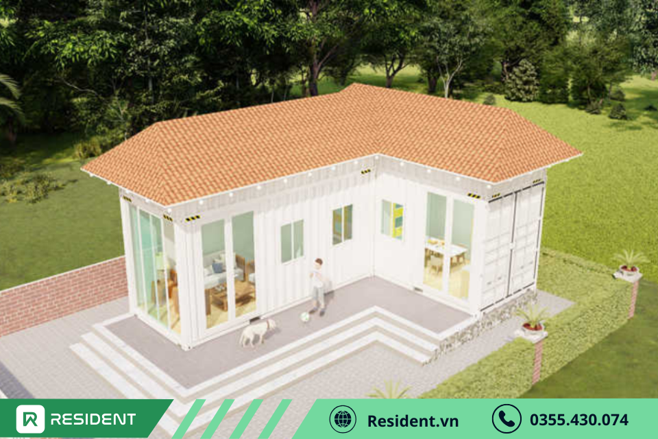 Mẫu nhà container hình chữ L kết hợp với mái ngói 