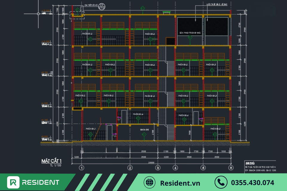 Bản vẽ thiết kế nhà trọ 4 tầng hiện đại