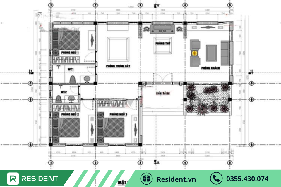 Bản vẽ nhà 3 phòng ngủ chữ L