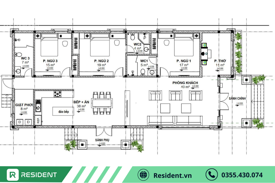 Bản vẽ nhà cấp 4 100m2 3 phòng ngủ mái thái