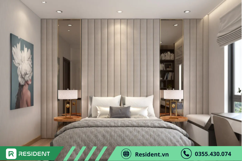 Mẫu thiết kế nội thất phòng ngủ căn hộ mini phong cách tân cổ điển với đèn bàn hơi hướng cổ điển