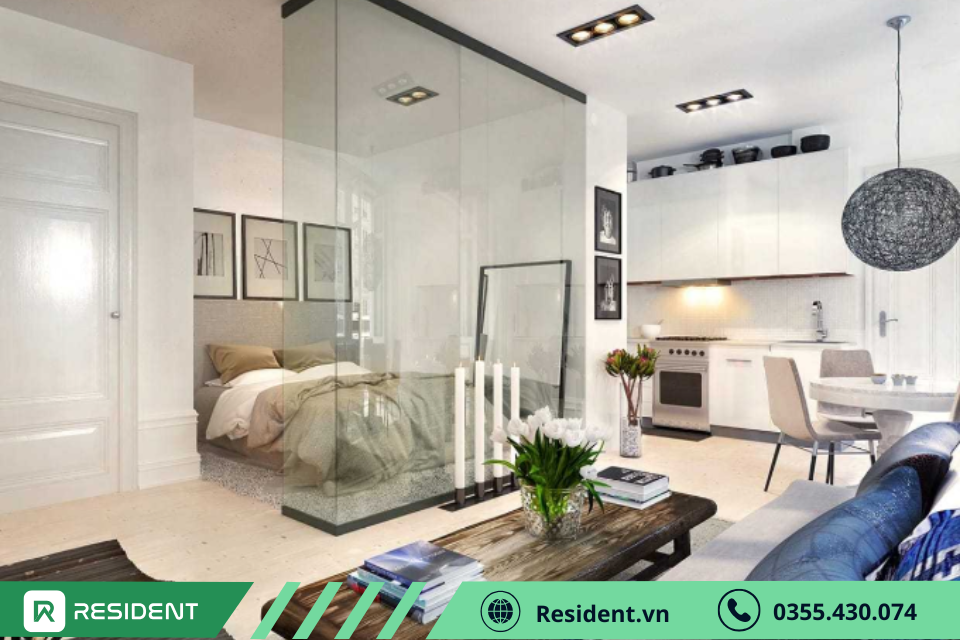 Mẫu thiết kế nội thất chung cư mini 20m2 với vách ngăn bằng kính