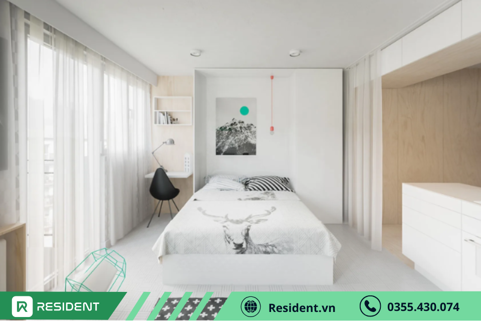Thiết kế phòng ngủ màu trắng tối giản