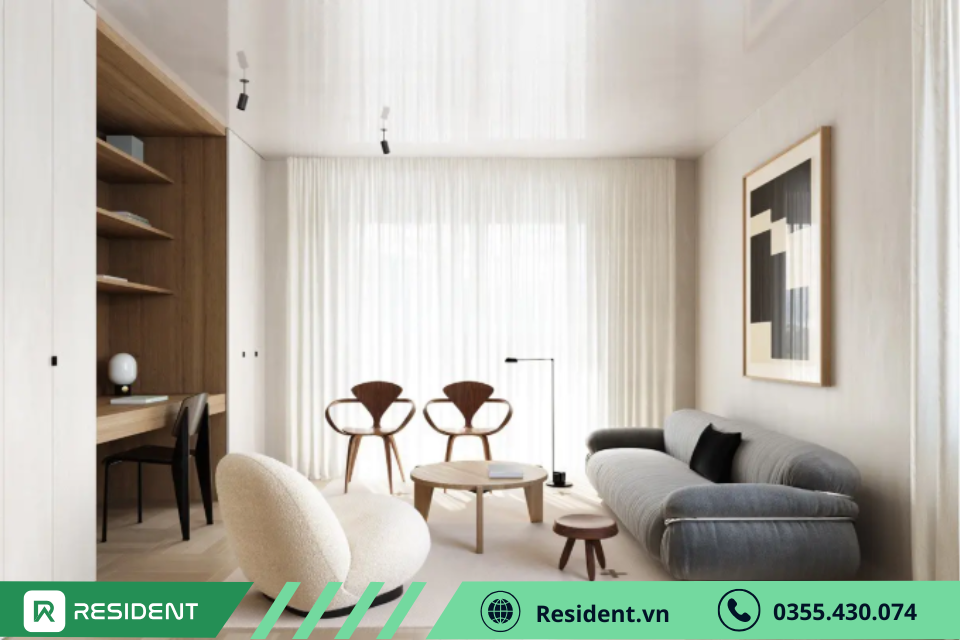 Thiết kế nội thất phòng khách chung cư mini 30m2 với rèm mỏng