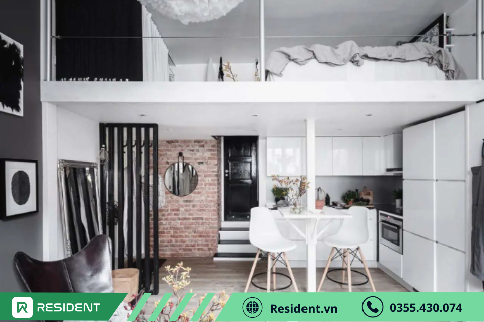 Thiết kế gác lửng giúp tận dụng không gian làm phòng ngủ và khu vực làm việc